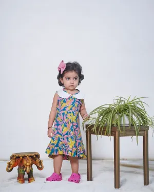Multicoloured Cotton Floral Hand Block Printed Sleeveless Dress with Embroidered collar and Frills For Girls