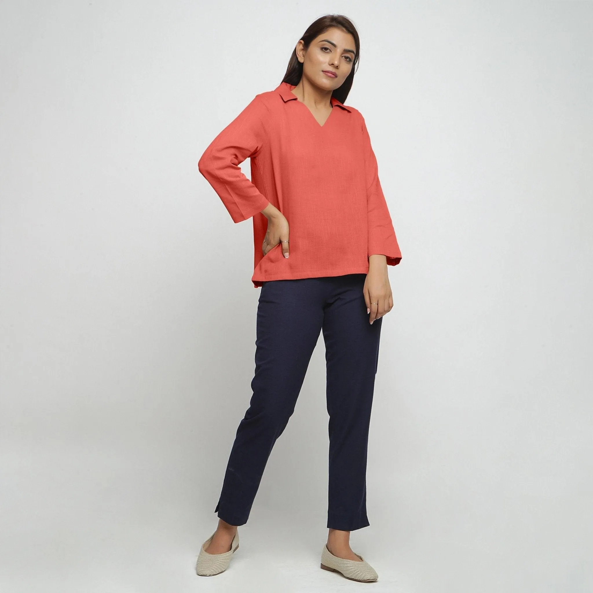 Red Flat Collar 100% Cotton Comfort Fit Top
