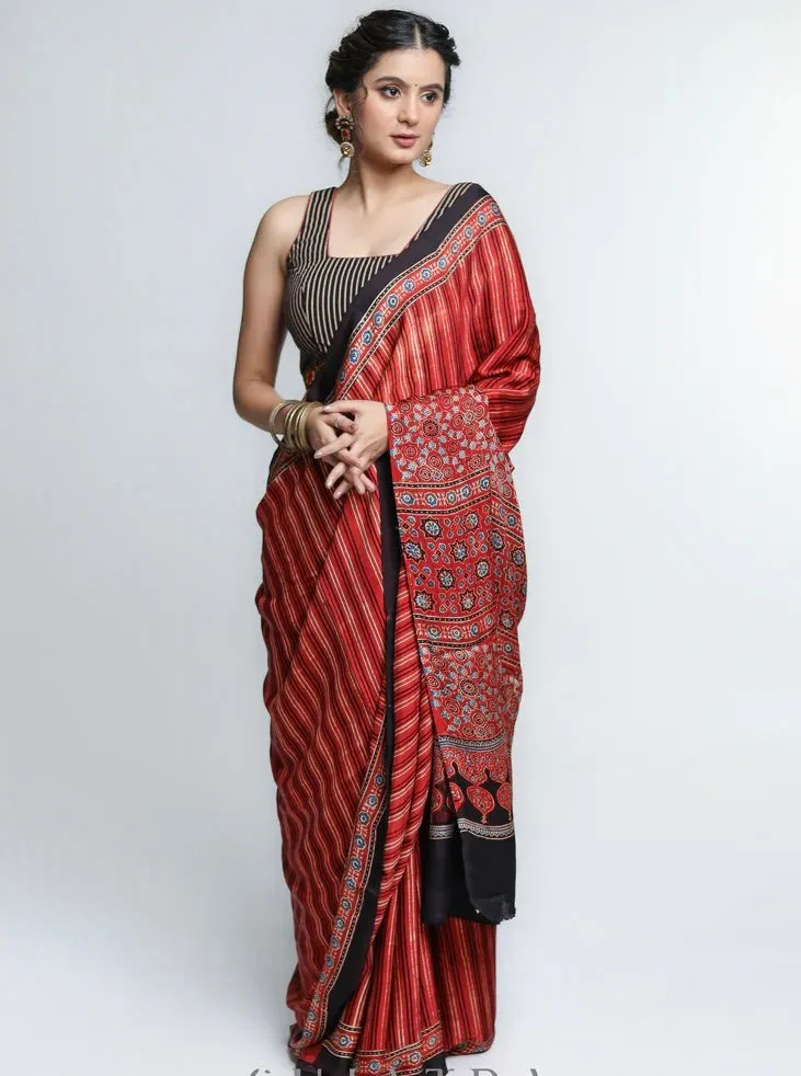 RED MODAL SILK SAREE WITH STRIPED PATTERN