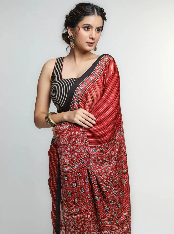 RED MODAL SILK SAREE WITH STRIPED PATTERN