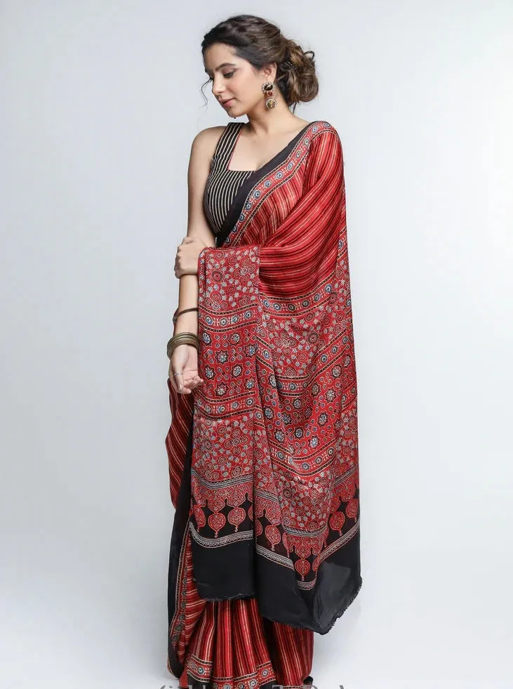 RED MODAL SILK SAREE WITH STRIPED PATTERN