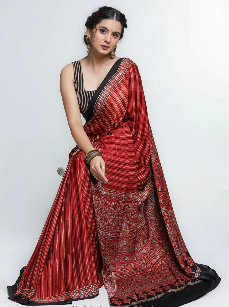 RED MODAL SILK SAREE WITH STRIPED PATTERN