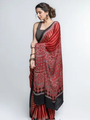 RED MODAL SILK SAREE WITH STRIPED PATTERN