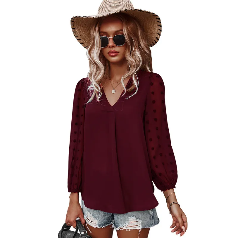 Textured Full Sleeves V-Neck Semi Formal Blouse