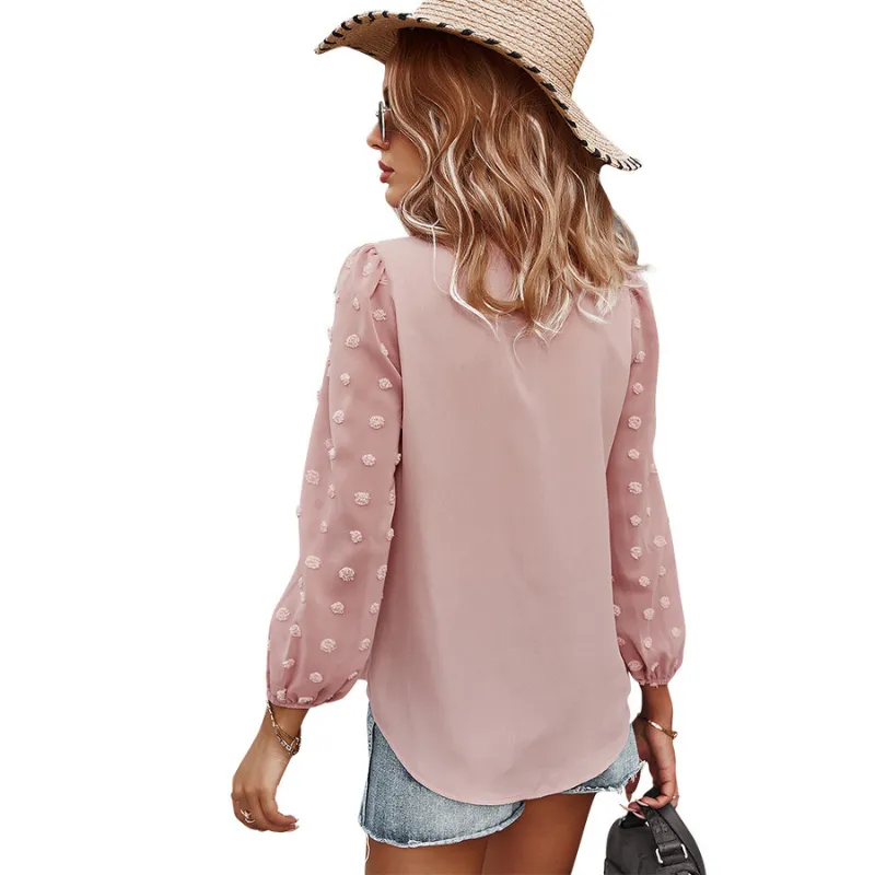 Textured Full Sleeves V-Neck Semi Formal Blouse