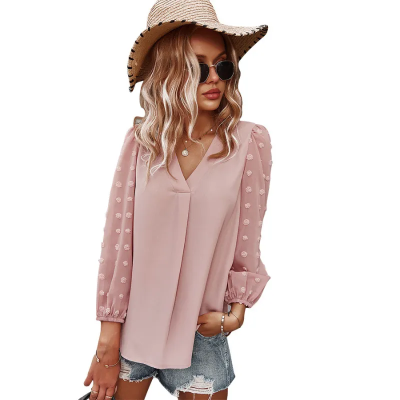 Textured Full Sleeves V-Neck Semi Formal Blouse