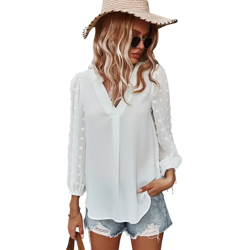 Textured Full Sleeves V-Neck Semi Formal Blouse