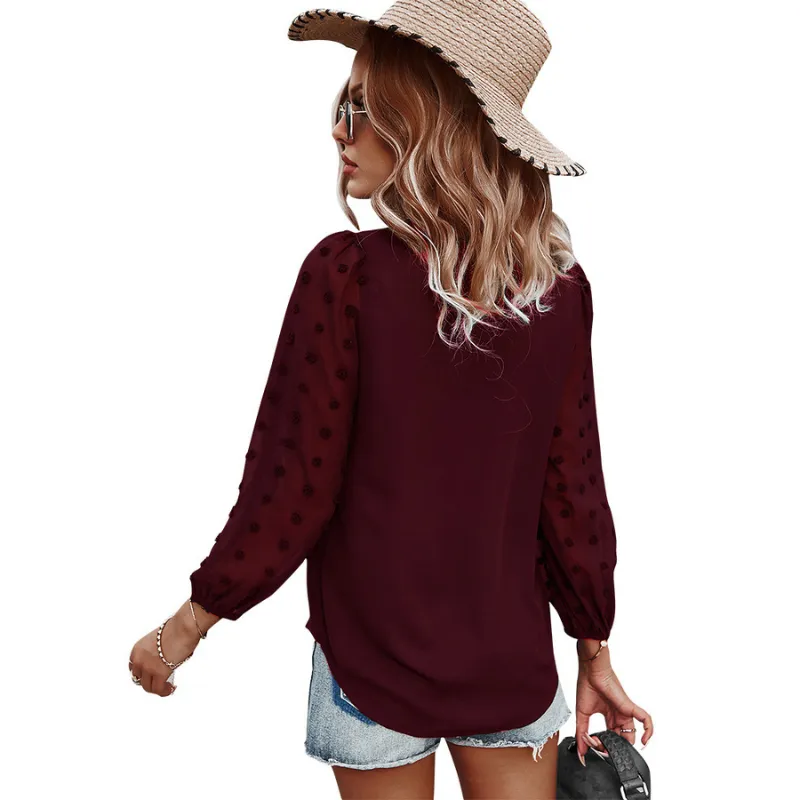 Textured Full Sleeves V-Neck Semi Formal Blouse