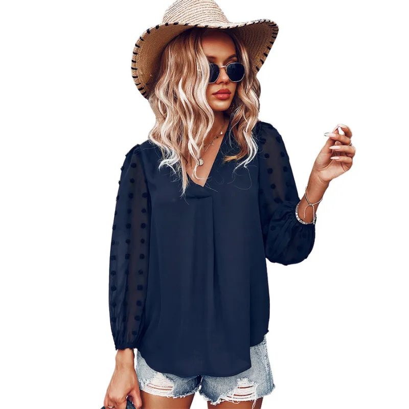 Textured Full Sleeves V-Neck Semi Formal Blouse