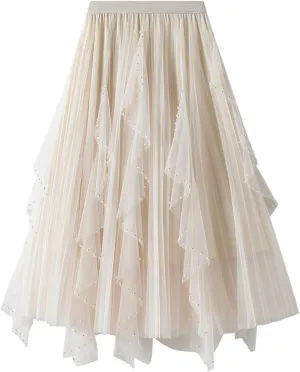 tuduoms Women's Long Tulle Tutu Skirt High Waist Pleated Layered Midi Skirt Sequin Flowy Maxi Skirt Dress for Wedding Party