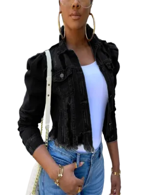 Women's Ripped Denim Jacket Casual Long Puff Sleeve Button Down Cropped Jean Coats for Fall