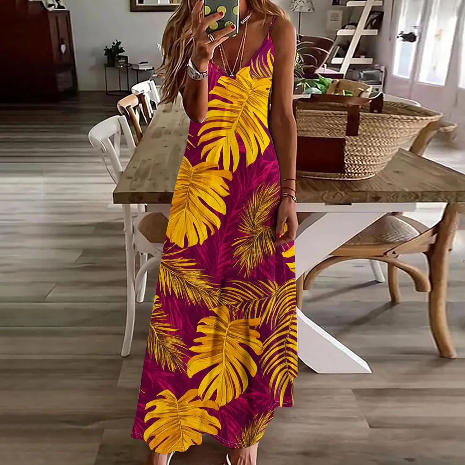 Women's Summer Maxi Dress 2025 Casual Spaghetti Straps V Neck Sundresses Boho Floral Print Beach Travel Cami Dresses