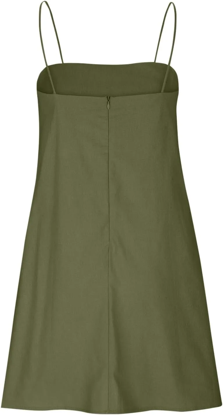 Womens Summer Sleeveless Mini Dress Cotton Linen Spaghetti Strap Sundress Square Neck Solid Beach Camisole Dress