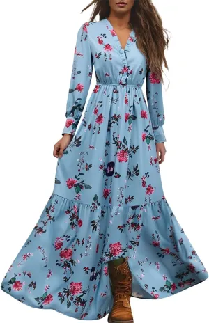 Womens Vintage Pastoral Flower Long Dress Casual Long Sleeve V-Neck Western Dresses Plus Size Summer Sexy Maxi Dress