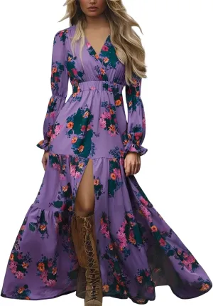 Womens Vintage Pastoral Flower Long Dress Casual Long Sleeve V-Neck Western Dresses Plus Size Summer Sexy Maxi Dress