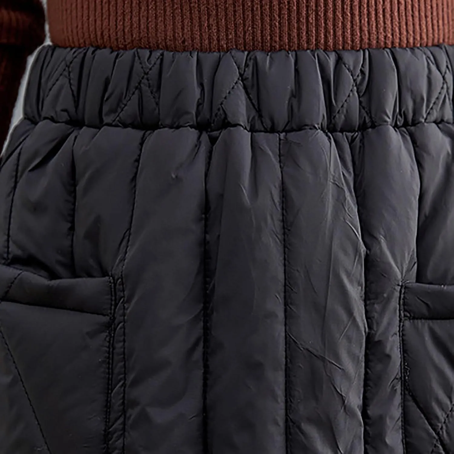 Womens Winter Puffer Quilted Skirts Elastic Waist Padded A-Line Midi Skirt Puffer Insulated Skirt with Pocket