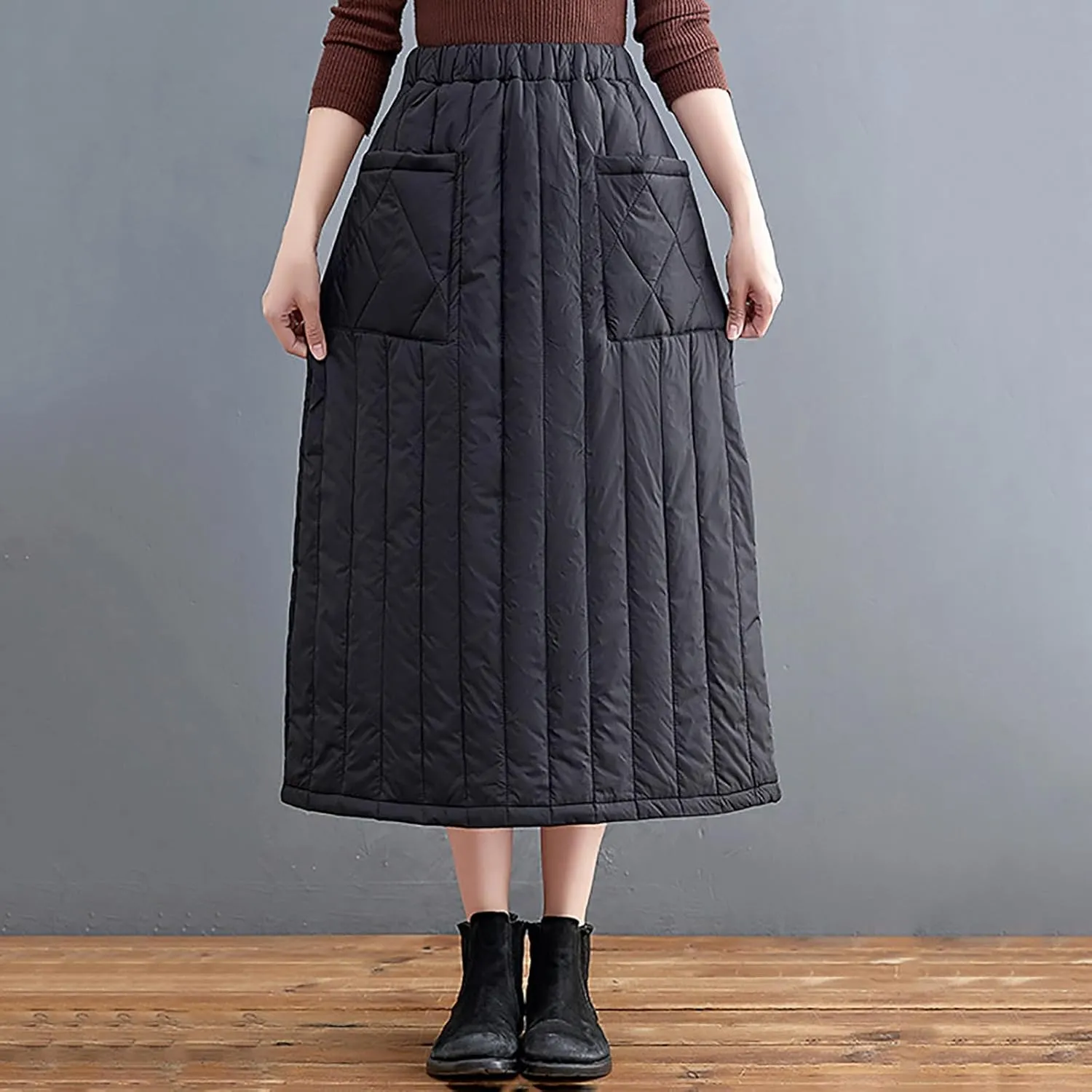 Womens Winter Puffer Quilted Skirts Elastic Waist Padded A-Line Midi Skirt Puffer Insulated Skirt with Pocket