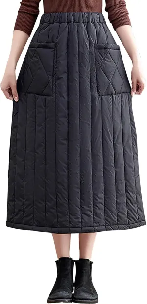 Womens Winter Puffer Quilted Skirts Elastic Waist Padded A-Line Midi Skirt Puffer Insulated Skirt with Pocket