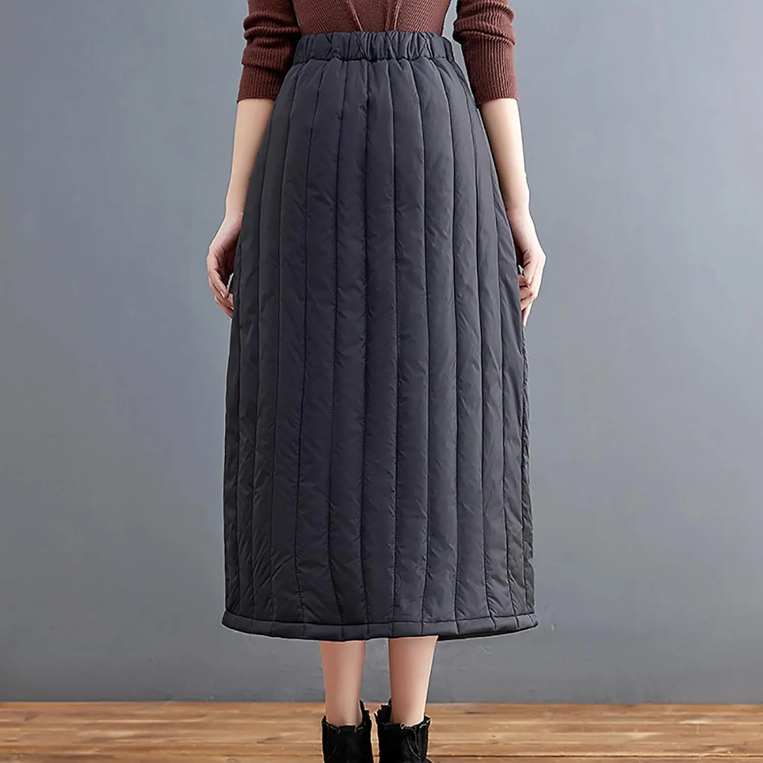 Womens Winter Puffer Quilted Skirts Elastic Waist Padded A-Line Midi Skirt Puffer Insulated Skirt with Pocket