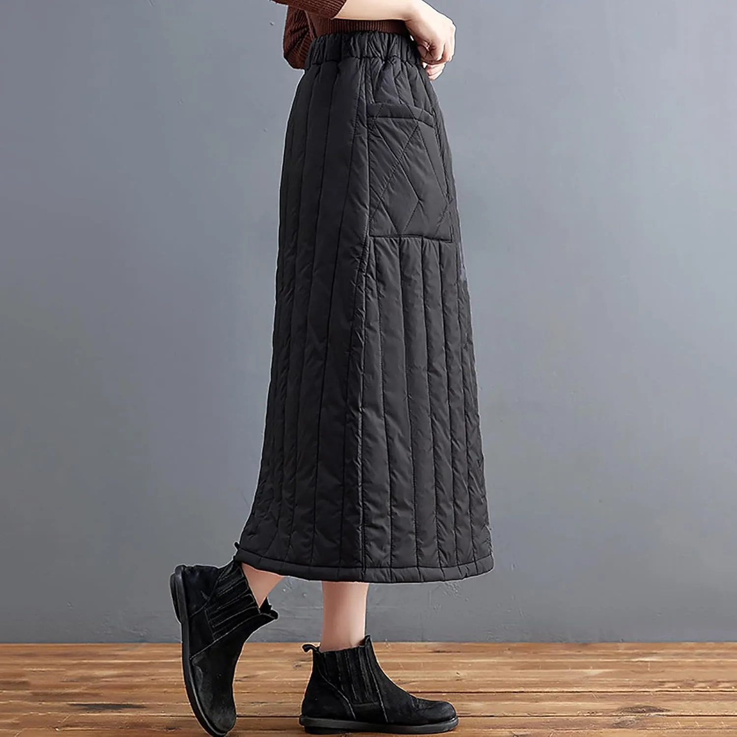 Womens Winter Puffer Quilted Skirts Elastic Waist Padded A-Line Midi Skirt Puffer Insulated Skirt with Pocket