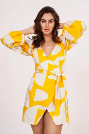 Yellow Cotton Satin Wrap Dress